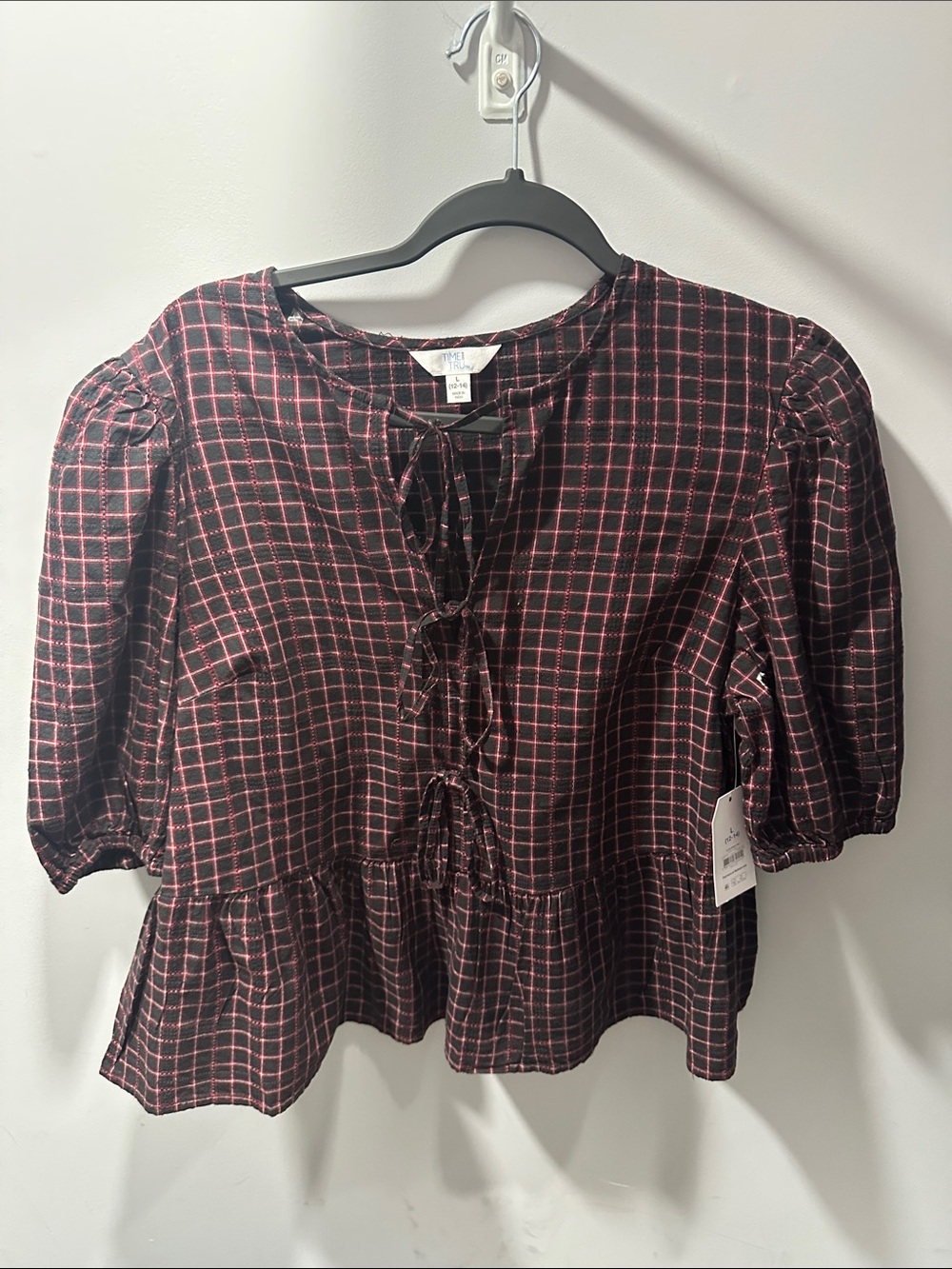 Time and Tru Black & Red Plaid Peplum Tie-Front Blouse